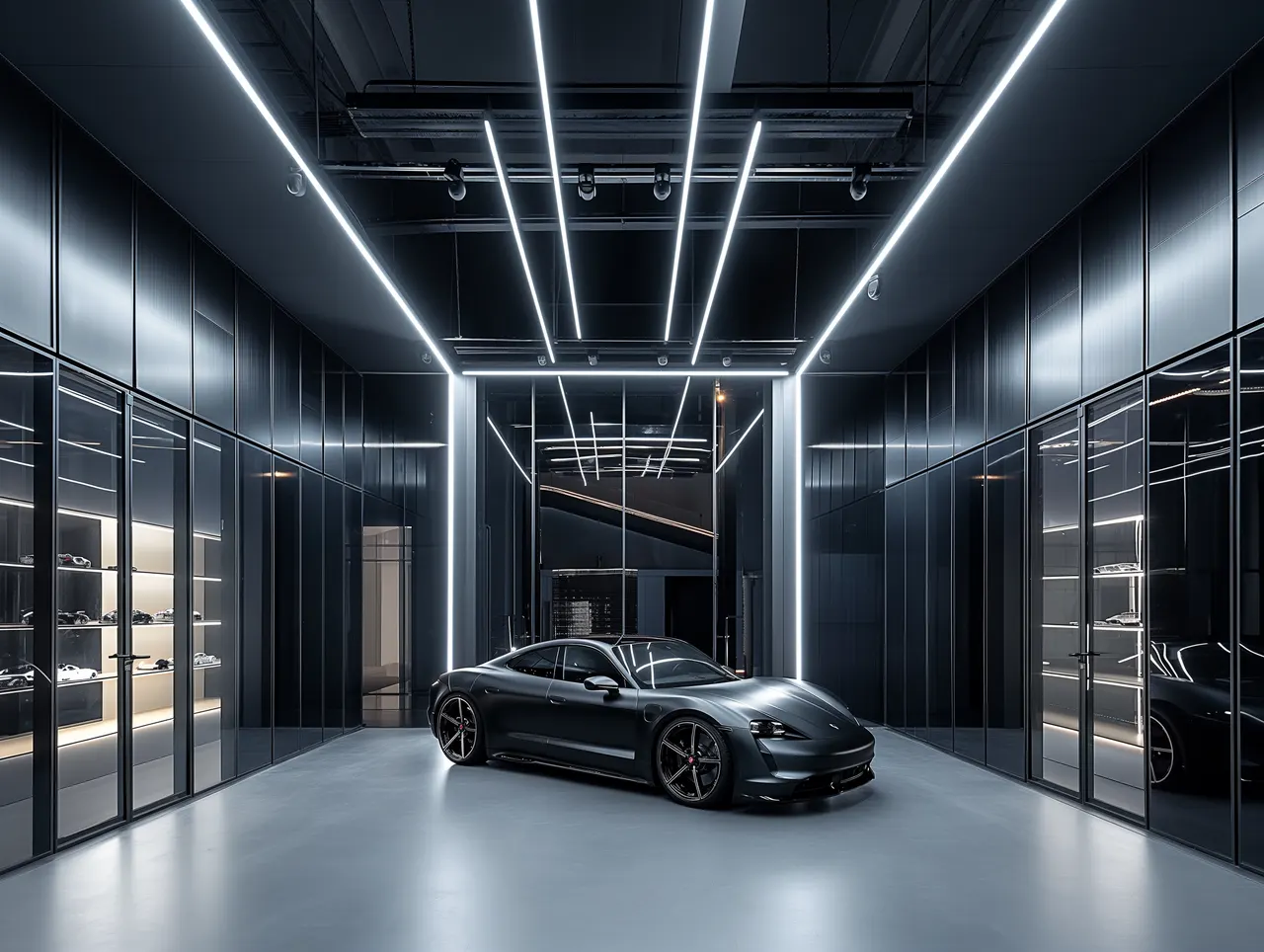 Showroom comercial modern cu structură metalică și vitraje ample